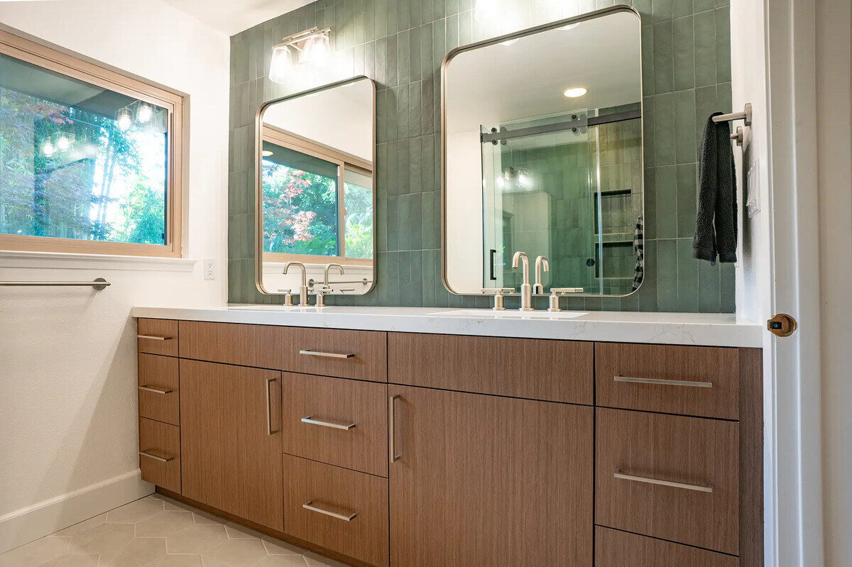 Double vanity with green tile backsplash in Fresno, CA bathroom by Imagine Remodeling (1)