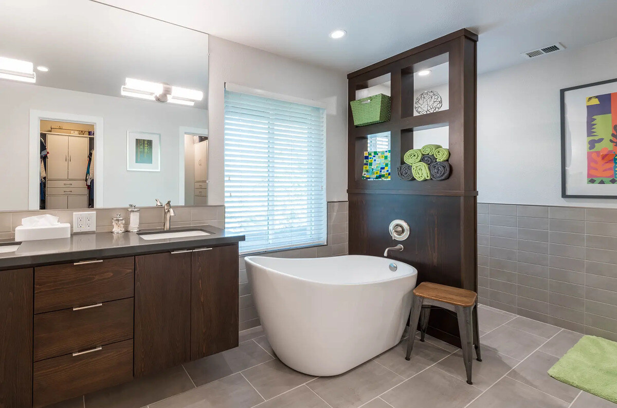 Freestanding tub in primary bathroom remodel in Fresno, CA by Imagine Remodeling