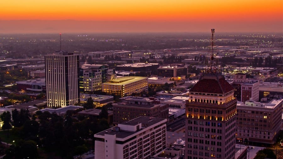 Downtown Fresno, California at Dawn - Aerial View